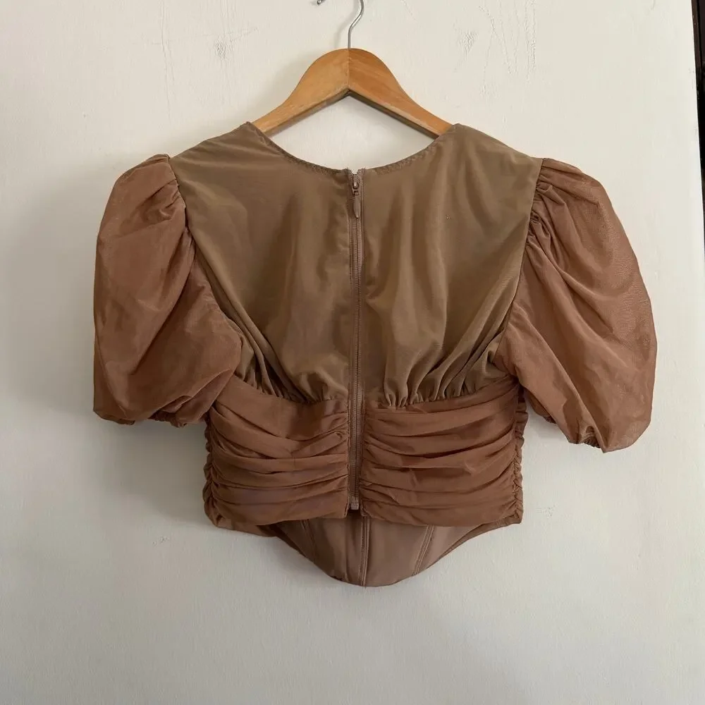 HOUSE OF CB | Norah Light Brown Ruched Puff Sleeve Mesh Corset Top | Medium